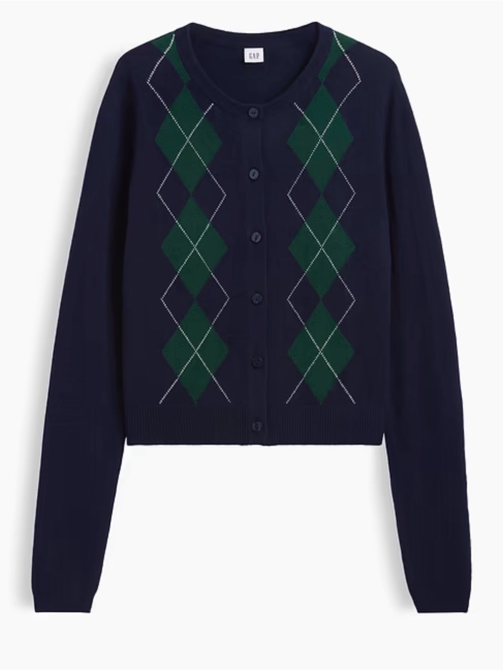 GAP Navy Cardigan with Green Argyle Pattern